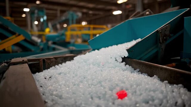 Medium shot of compostable PLA bioplastic pellets being sorted on an automated recycling conveyor in a clean industrial facility.