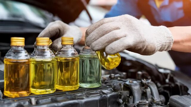 Technician carefully checks fluid viscosity labels against vehicle manual indicators ensuring proper maintenance and efficiency in medium vehicle garage