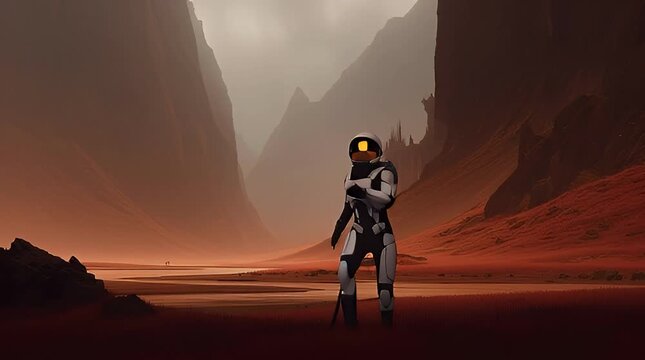 Astronaut explores rugged alien landscape with spaceship wreckage and mountains.