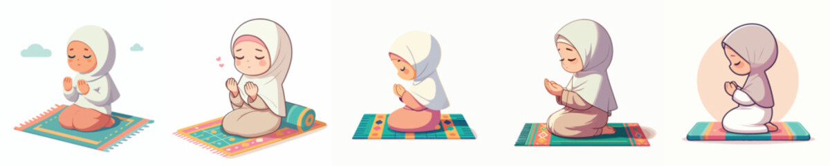 vector little muslim girl sitting praying on a prayer mat side view