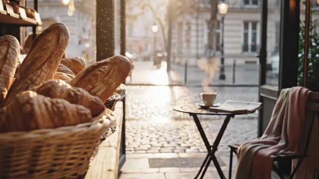 Freshly baked French baguettes in rustic woven basket at cozy cafe, artisan bakery display, golden crust, inviting morning breakfast inspiration