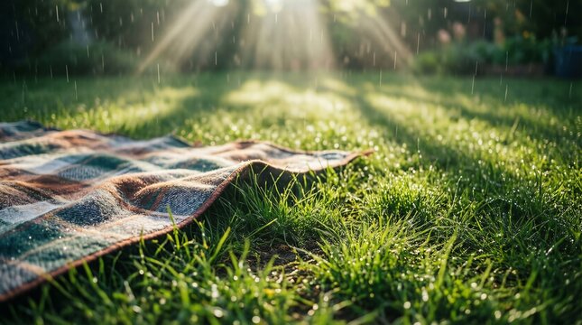 Picnic blanket on grass during a sunny rain shower