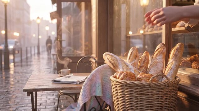Parisian bakery with basket of crispy baguettes on cafe terrace, morning sunlight, traditional French bread, inviting breakfast ambiance, authentic Paris lifestyle