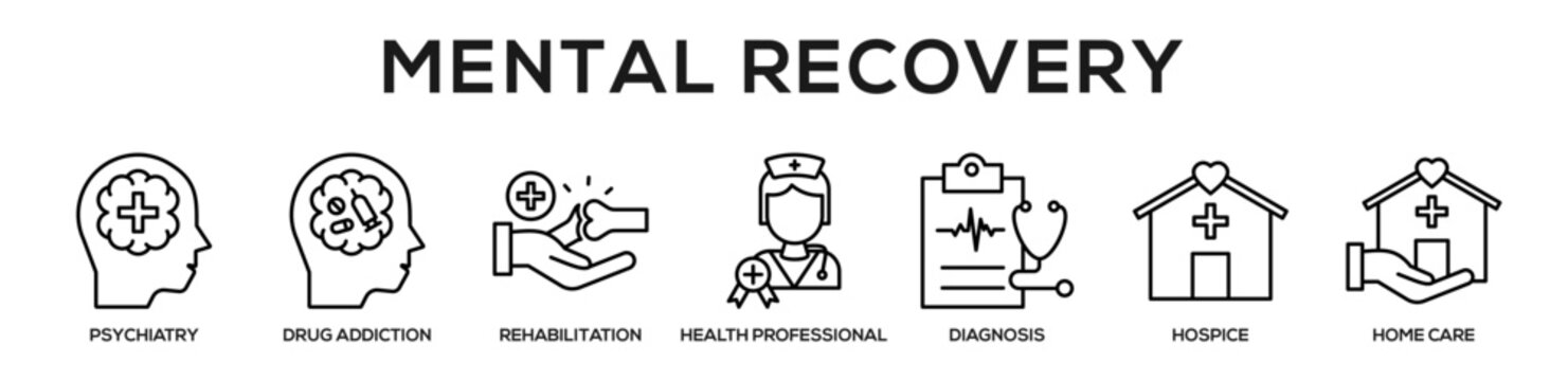 Line - Mental Recovery web banner icon vector illustration concept for business with icon of Psychiatry, Drug Addiction, Rehabilitation, Health professional, Diagnosis, Hospice, Home.