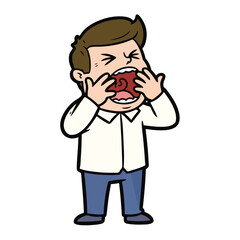 Fototapeta premium Cartoon man talking on smartphone with frustrated expression