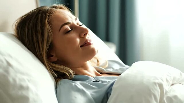 Young woman peacefully sleeping in a comfortable bed with soft lighting.