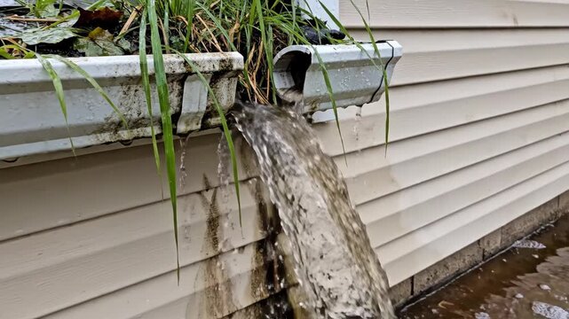 Clogged gutter system overflowing with dirty water and debris on residential house exterior with damaged downspout installation.