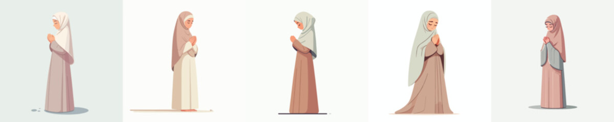 Naklejka premium vector muslim woman standing praying in the month of ramadan side view