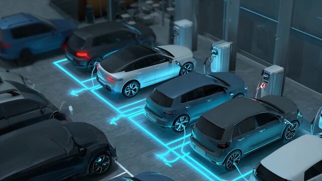 Midrange view of a multivehicle electric charging station with several cars plugged in simultaneously highlighting efficient usage in busy parking areas.