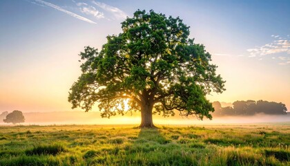 Fototapeta premium Majestic oak tree stands alone in a misty field at sunrise.