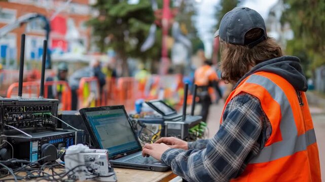Technician managing network setup outdoors with multiple devices ensuring widespread reliable internet access in shared public spaces.
