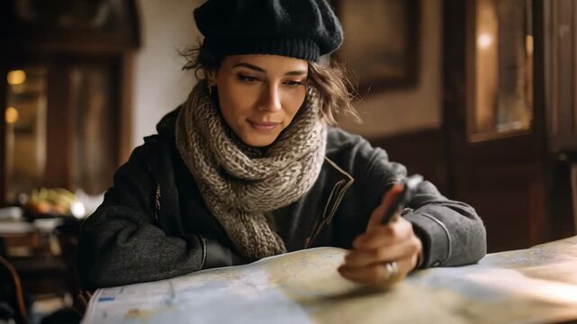Young woman adjusting a personalized travel itinerary on a smartphone in a cozy caf&eacute; focusing on techsavvy solo trip planning with digital customization tools.