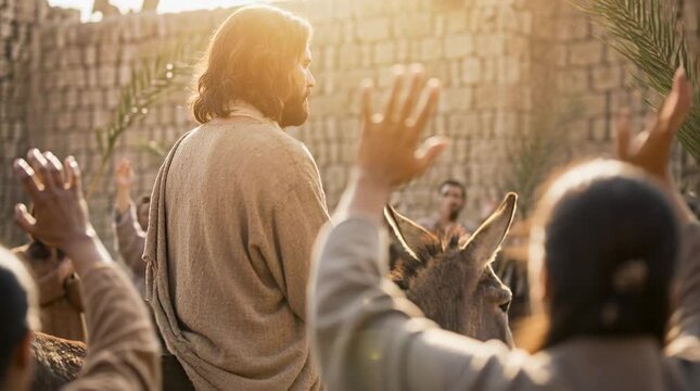 Jesus Christ Riding a Donkey Entering Jerusalem as People Wave Palm Branches