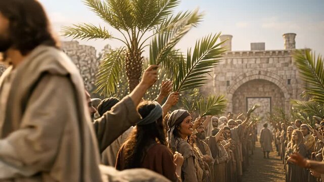 Jesus Christ Riding a Donkey Entering Jerusalem as People Wave Palm Branches
