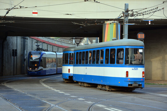 KRACOW POLAND: Trams in Krakow are a tram public transit system in Krakow, Poland. The tramway has been in operation since 1882. There are 22 ordinary, 2 fast, and 3 night, tramlines