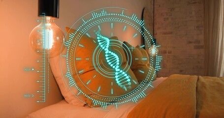 Projecting cyan holo DNA helix over bed in bedroom with headboard, gold comforter, lamp, brick wall