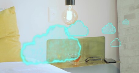Glowing cyan cloud overlaying bed and brass shelf in bedroom, with yellow pillow and eyeglasses