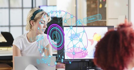 Glancing blonde worker with headband in white shirt at left desk, with laptop and AI hologram
