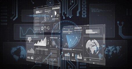 Displaying holographic panels floating in virtual control console, showing circular HUD and charts