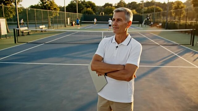 Middle aged white man on outdoor tennis court holding clipboard, arms crossed in warm sunset light, sports coaching planning and leadership vibe, summer fitness