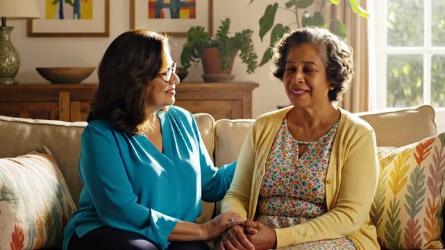 Two women of different generations sharing a moment of connection and conversation on a couch.