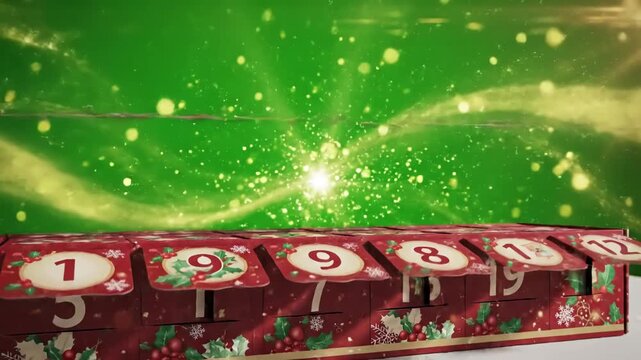 Green Screen christmas advent calendar 3d box reveals numbered 1 12 twelve illustrated motion graphics animate open to reveal chroma scene 3 with distortion, overlay, glitch, static noise, scan lines