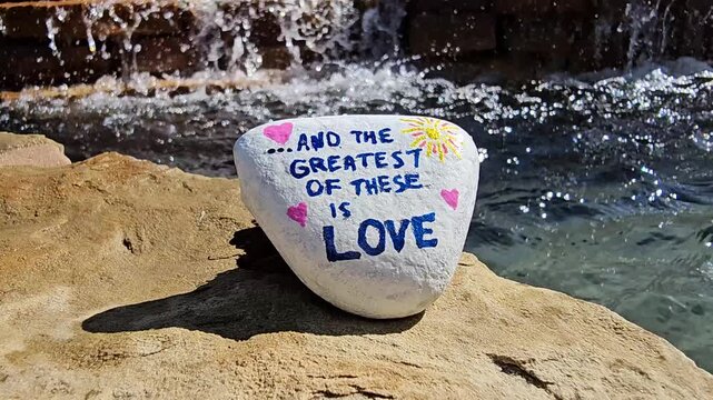 And the greatest of these is love kindness rock with water fountain waterfall flowing in background