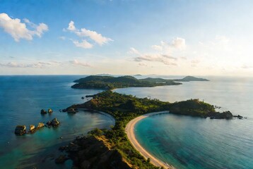 Aerial view of a pristine tropical beach and lush green islands under a clear blue sky