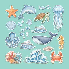 Fototapeta premium illustration marine life, sea animal ocean theme on blue background
