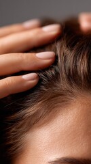 Naklejka premium Close-up of fingers applying light pressure to scalp during hair treatment routine in clean setting