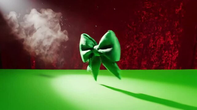 Green Screen unwrapping gift revealing a stop motion animation bow on red background scene 3 with distortion, overlay, glitch, static noise, scan lines black background, 4k animated video loop