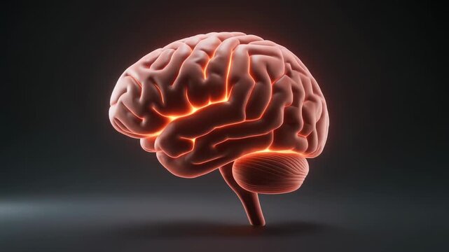 A glowing human brain model is centered on a dark surface, illuminated from within, showcasing its intricate structures and neural pathways.