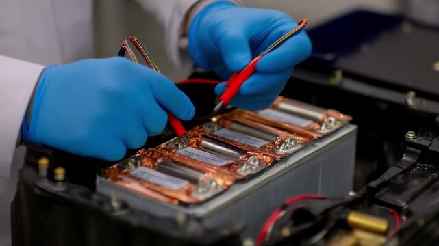 Expert hands reconnect wires in a nickelmetal hydride battery pack emphasizing delicate adjustments to optimize power output