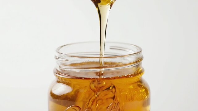 Golden honey pouring into glass jar on white background