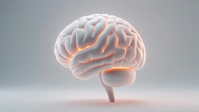 A glowing human brain model is centered on a plain background in a video frame capture from brain-6.mp4