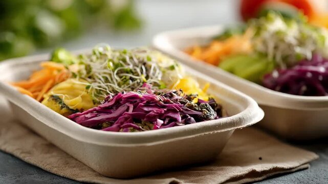 Medium shot of a vegan ecofriendly meal kit with vibrant plantbased ingredients and biodegradable packaging highlighting sustainability and healthy eating.