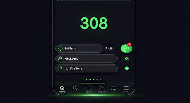 Futuristic digital interface displaying large number 308 with notification icon and navigation menu on dark background glowing with green light and subtle reflections