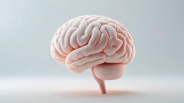Human brain model displayed on a plain surface with soft lighting and a neutral background viewed from the front