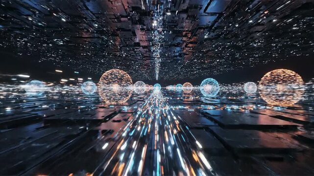 Futuristic digital landscape with neon lights and glowing orbs in a high tech futuristic environment with motion blur effects