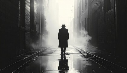Noir silhouette walking in foggy city alley