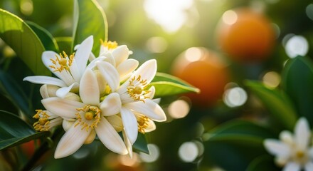 Fototapeta premium Orange Blossoms in Sunlight Garden.