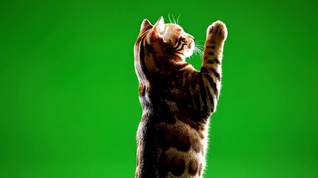 Green Screen 4k bengal cat on isolated with chroma key standing up hind legs facing backward reaching paw scene 3 distortion, overlay, glitch, static noise, scan lines black background, animated video
