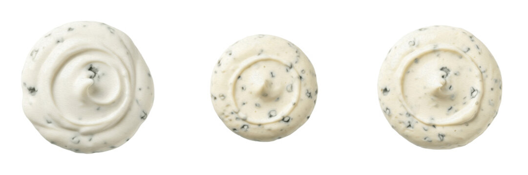 Top-down view of blue cheese sauce isolated on white background, ideal for salads, wings, dipping, sandwiches, cooking, and gourmet recipes