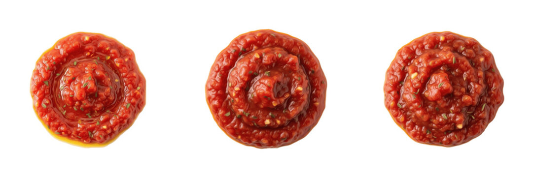 Top-down view of marinara sauce isolated on white background, perfect for pasta, pizza, Italian recipes, dipping, cooking, and culinary photography.