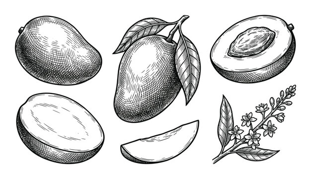 Set of hand drawing mango with leaf on transparent background isolated vector illustration
