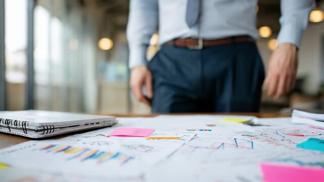Professional reviewing policy whitepapers in a modern office focusing on educational reform strategies with graphs and notes.
