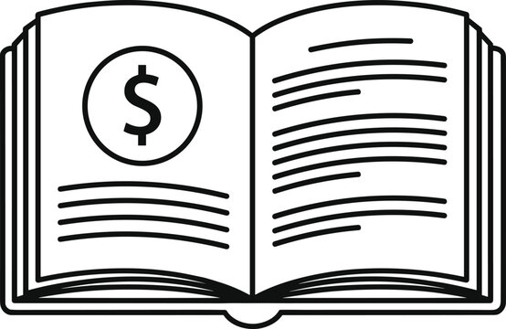 Minimalist black line icon of an open book with a dollar sign for financial ledger or business education vector