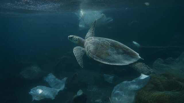 A sea turtle swims through a polluted ocean filled with discarded plastic bags and debris, highlighting marine environmental issues.
