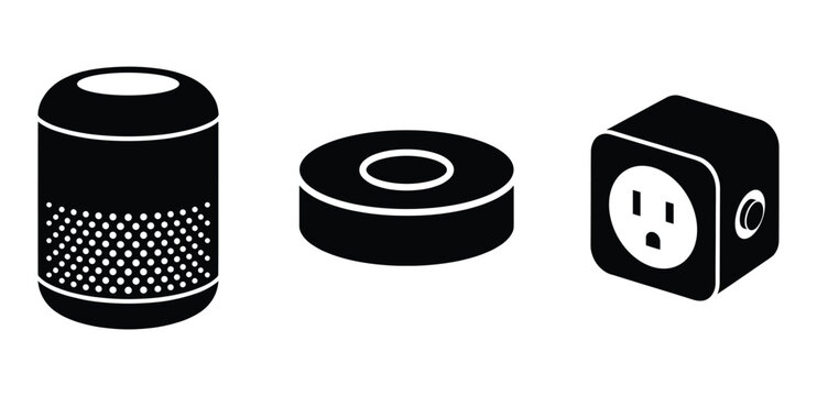 Smart home automation devices vector design in black and white style with plug in isometric view