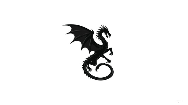 A black dragon in profile, wings spread, tail coiled, on white backdrop